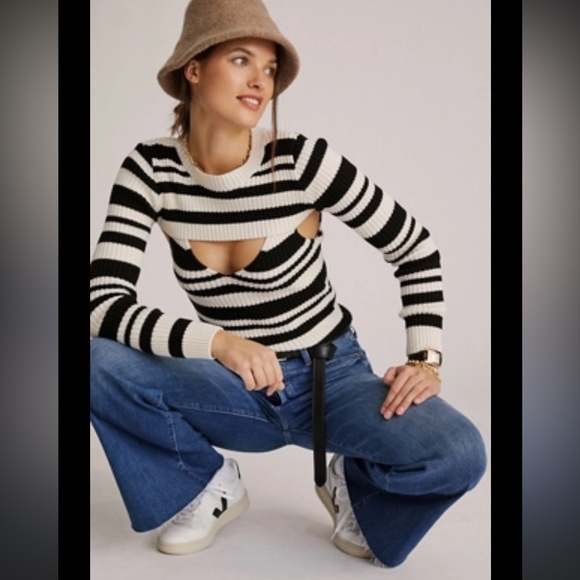 Anthropologie Sweaters - Anthropologie Maeve Black and White Striped Sweater Shrug Set